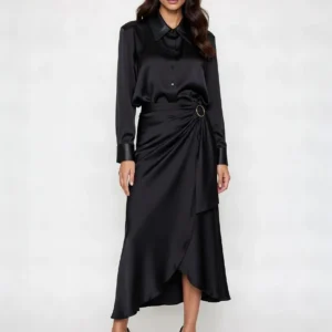 Elegant Black Draped Midi Dress for Women