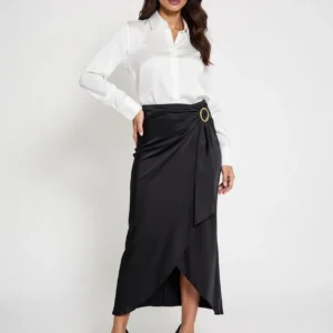 White Blouse with Black Wrap Midi Skirt