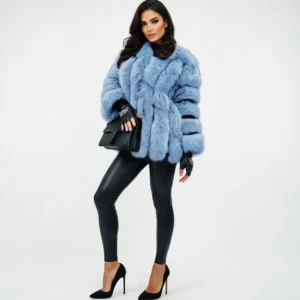Luxury Blue Faux Fur Jacket with Black Leggings